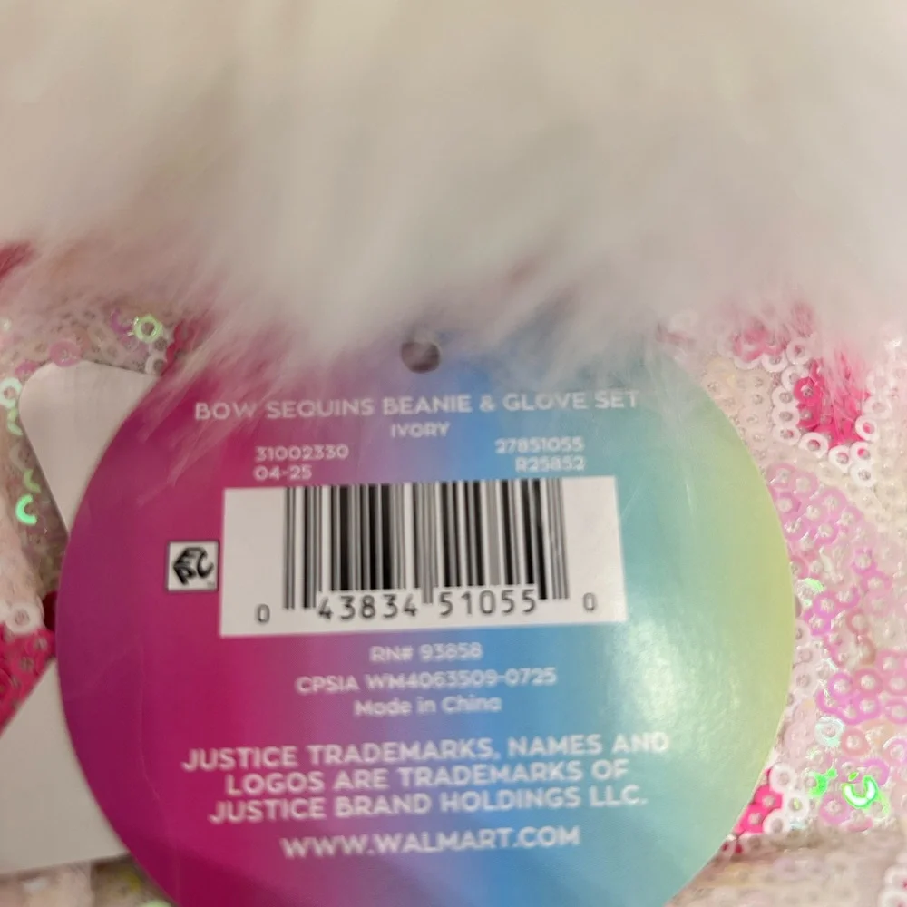 Justice Sequin‎ Kid’s Hat Gloves Set White and Pink Bow